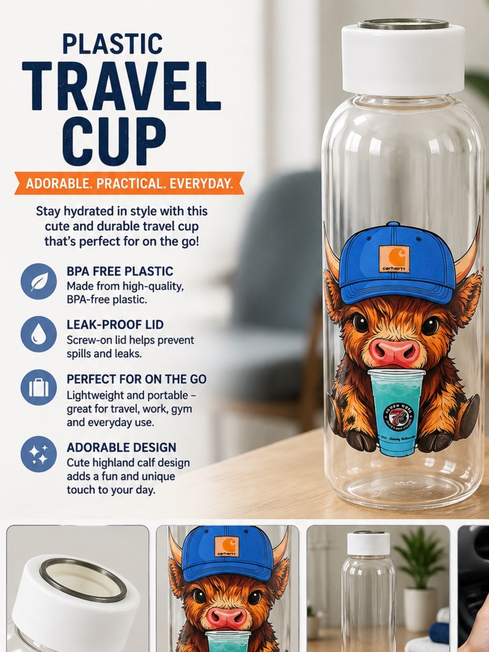Carhartt Blue Hat Highland Cow Water Bottle with Teal Cup Graphic plastic
